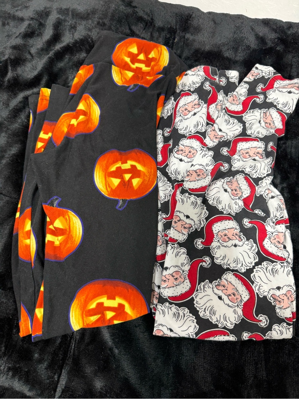 No Boundaries Black Leggings with Orange Pumpkin and Red Santa Print